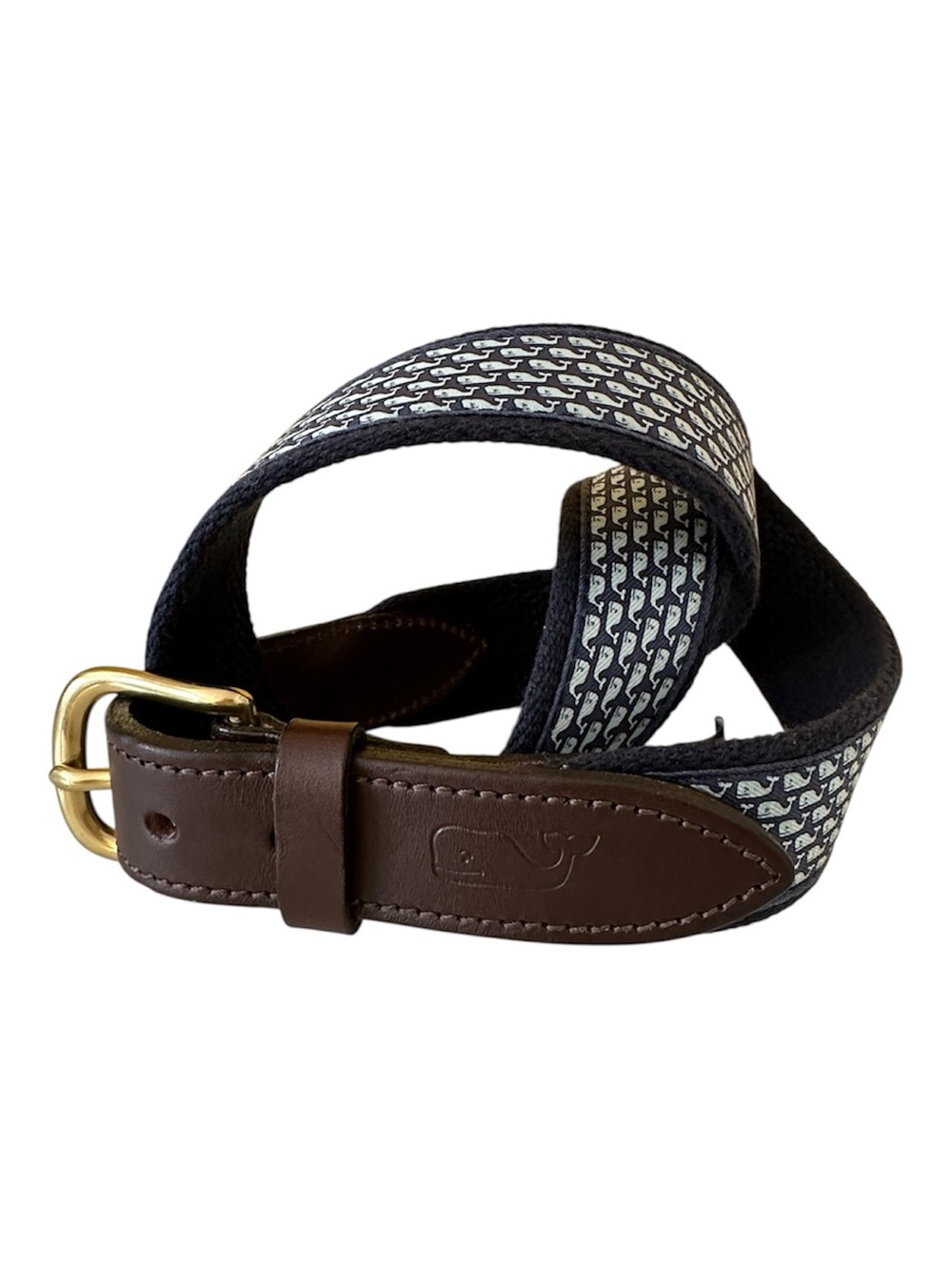 Vineyard Vines Navy Whale-Print Webbing Belt with Brown Leather Trim Size 30"